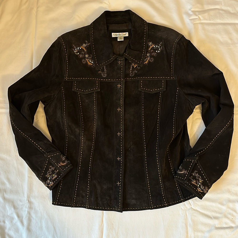 Coldwater Creek Leather Suede Blazer Jacket Large Dark Brown Embellished Western
